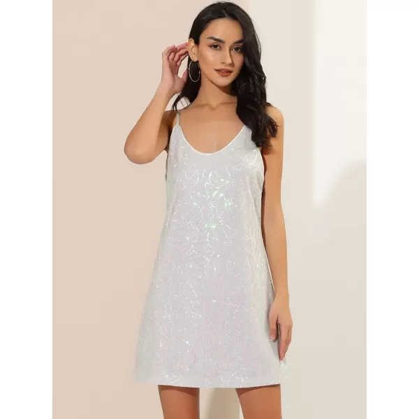 Allegra K Women's Glitter Sequin Dress V Neck Spaghetti Strap Christmas Mini Party Dress Clubwear)