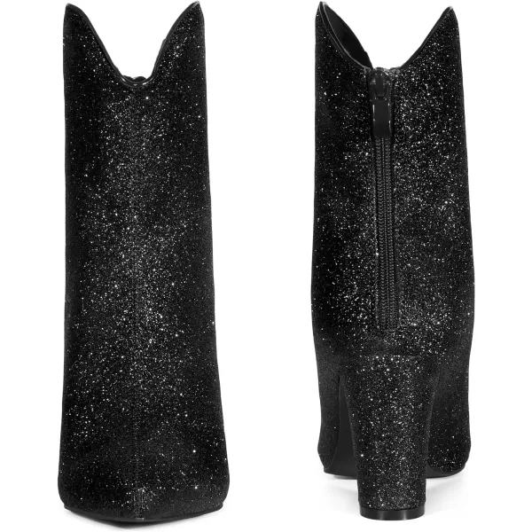 Allegra K Women's Glitter V Shape Pointy Toe Back Zipper Block Heels Mid Calf Boots