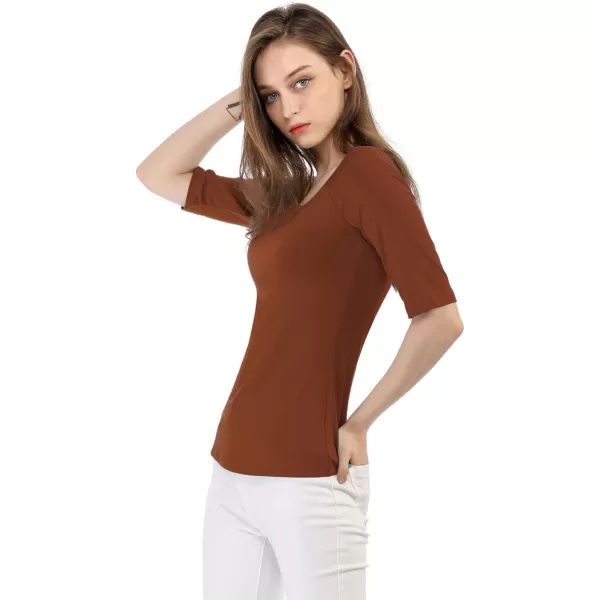 Allegra K Women's Half Sleeves Scoop Neck Fitted Layering Top Soft T-Shirt