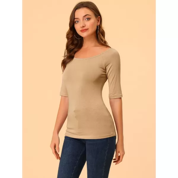 Allegra K Women's Half Sleeves Scoop Neck Fitted Layering Top Soft T-Shirt