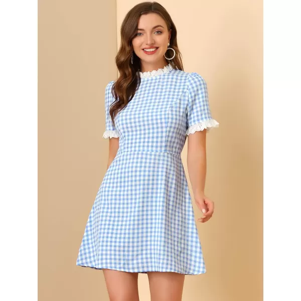 Allegra K Women's Halloween Dorothy Dress Costume Summer Ruffle Neck Lace Panel Short Sleeve Check Gingham Dress