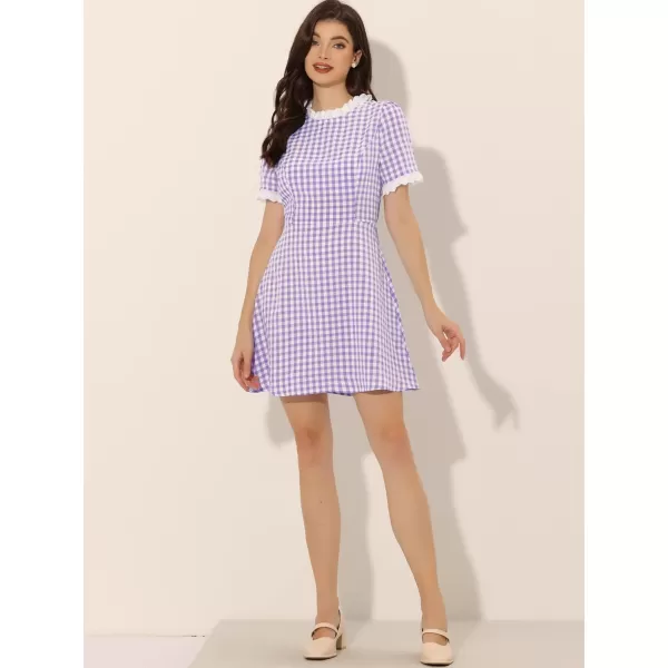 Allegra K Women's Halloween Dorothy Dress Costume Summer Ruffle Neck Lace Panel Short Sleeve Check Gingham Dress