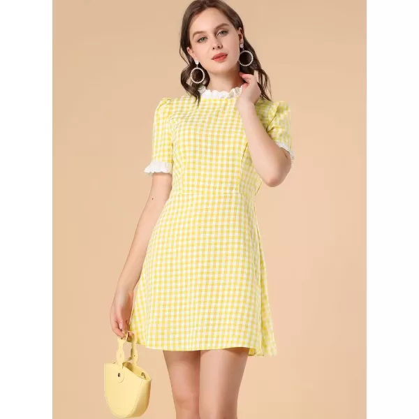 Allegra K Women's Halloween Dorothy Dress Costume Summer Ruffle Neck Lace Panel Short Sleeve Check Gingham Dress