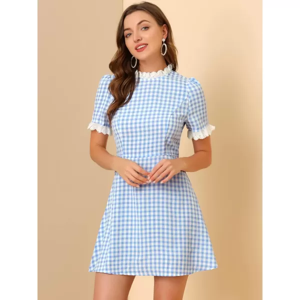 Allegra K Women's Halloween Dorothy Dress Costume Summer Ruffle Neck Lace Panel Short Sleeve Check Gingham Dress