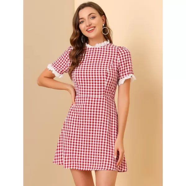 Allegra K Women's Halloween Dorothy Dress Costume Summer Ruffle Neck Lace Panel Short Sleeve Check Gingham Dress
