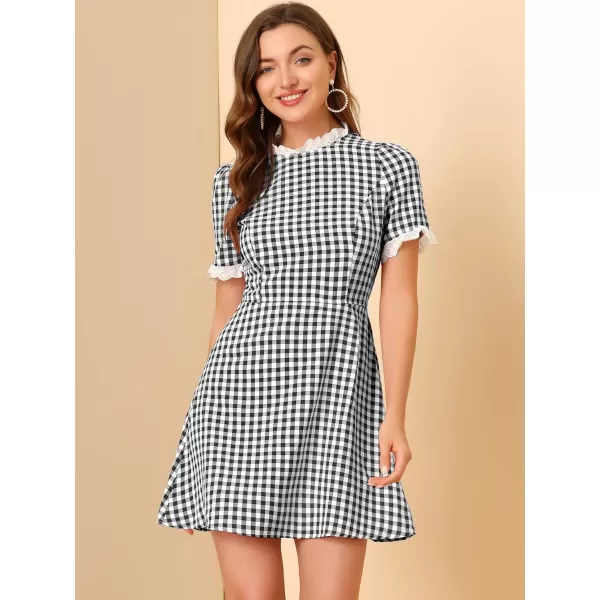 Allegra K Women's Halloween Dorothy Dress Costume Summer Ruffle Neck Lace Panel Short Sleeve Check Gingham Dress