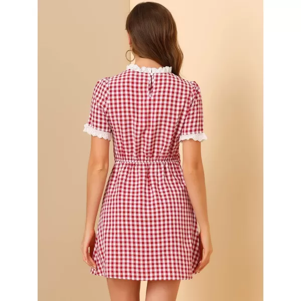 Allegra K Women's Halloween Dorothy Dress Costume Summer Ruffle Neck Lace Panel Short Sleeve Check Gingham Dress