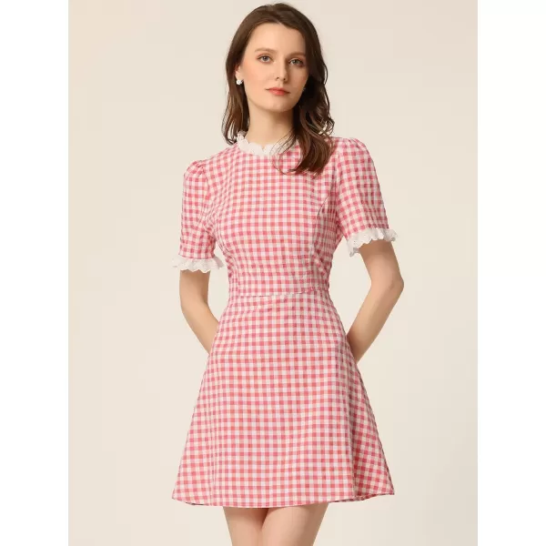 Allegra K Women's Halloween Dorothy Dress Costume Summer Ruffle Neck Lace Panel Short Sleeve Check Gingham Dress