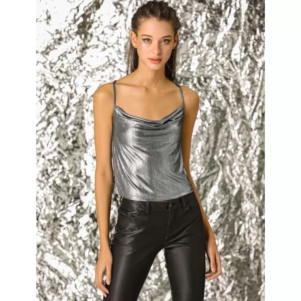 Allegra K Women's Halloween Metallic Glitter Spaghetti Strap Camisole Cowl Neck Sparkly Club Top