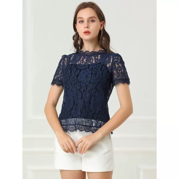 Allegra K Women's Lace Floral Scalloped Trim Short Sleeve Semi Sheer Top