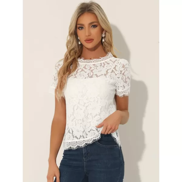 Allegra K Women's Lace Floral Scalloped Trim Short Sleeve Semi Sheer Top