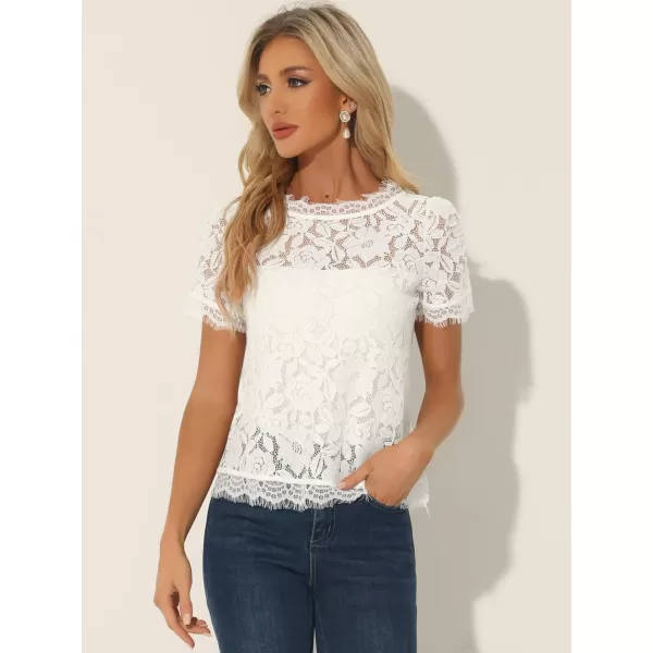 Allegra K Women's Lace Floral Scalloped Trim Short Sleeve Semi Sheer Top