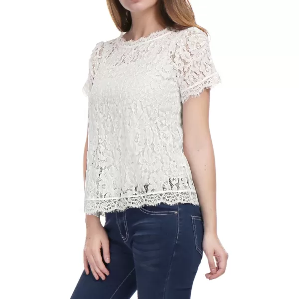 Allegra K Women's Lace Floral Scalloped Trim Short Sleeve Semi Sheer Top