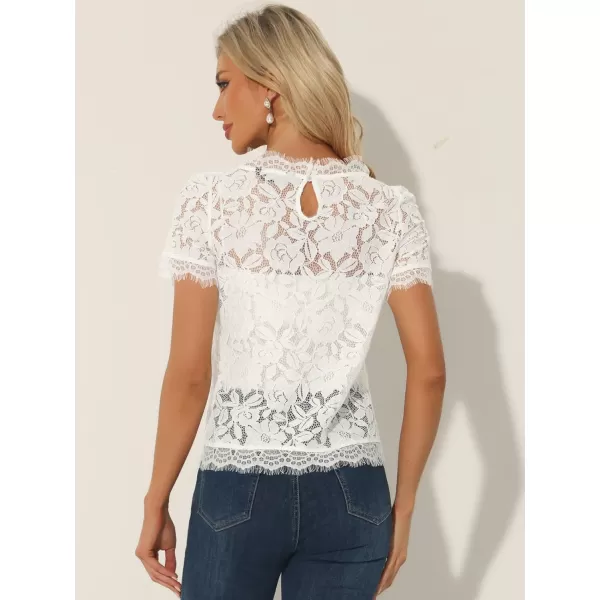 Allegra K Women's Lace Floral Scalloped Trim Short Sleeve Semi Sheer Top