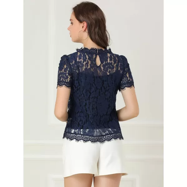 Allegra K Women's Lace Floral Scalloped Trim Short Sleeve Semi Sheer Top