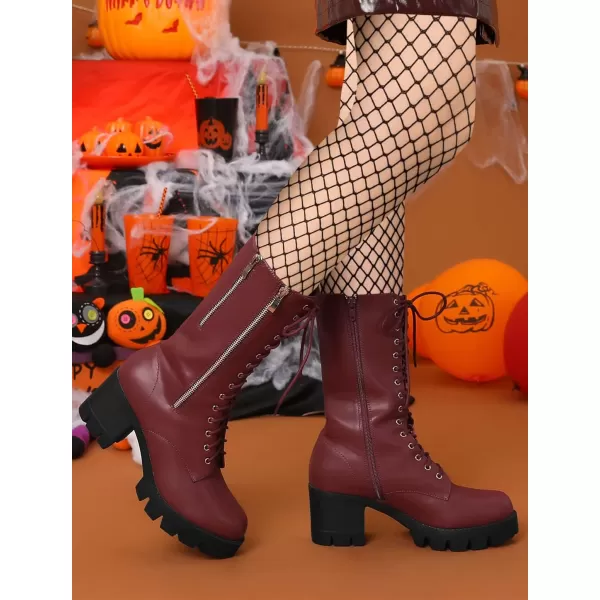 Allegra K Women's Lace Up Platform Chunky Heel Mid Calf Combat Boots Halloween Boots