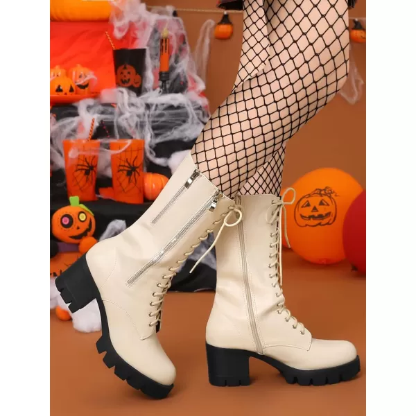 Allegra K Women's Lace Up Platform Chunky Heel Mid Calf Combat Boots Halloween Boots