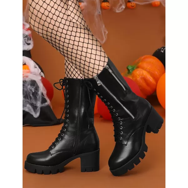 Allegra K Women's Lace Up Platform Chunky Heel Mid Calf Combat Boots Halloween Boots