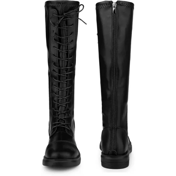Allegra K Women's Lace Up Round Toe Lug Sole Boots Flat Low Heel Knee High Boots