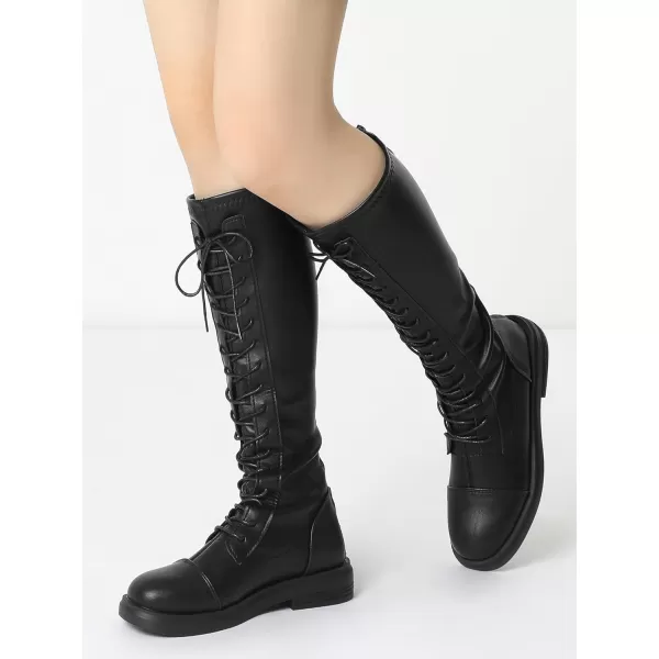 Allegra K Women's Lace Up Round Toe Lug Sole Boots Flat Low Heel Knee High Boots