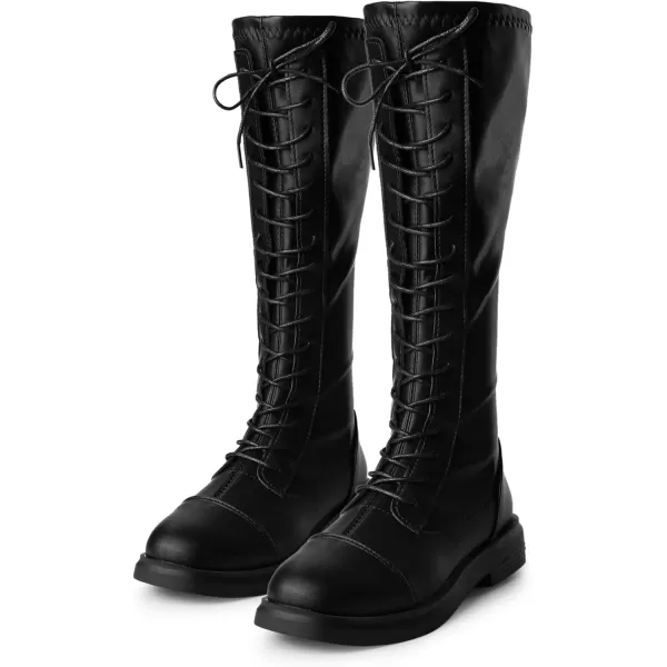 Allegra K Women's Lace Up Round Toe Lug Sole Boots Flat Low Heel Knee High Boots