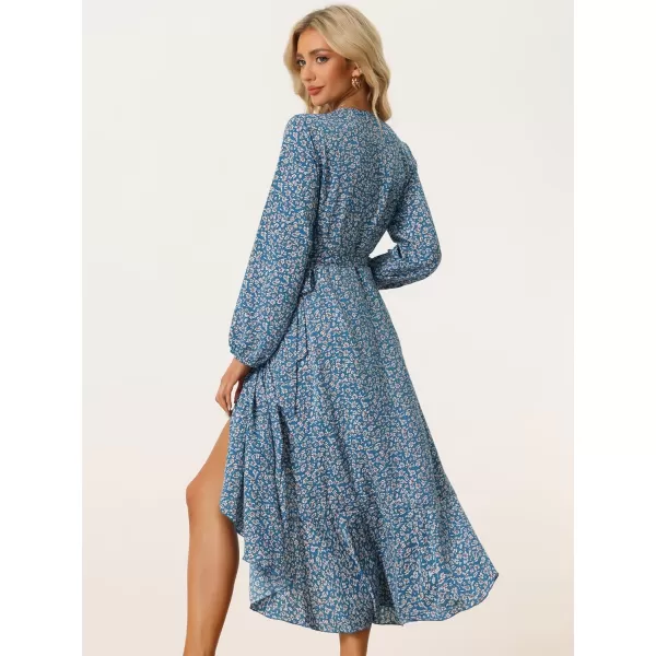 Allegra K Women's Long Sleeve Midi Dress Tie Waist Vintage Floral Print Wrap Boho Flowy Long Dresses