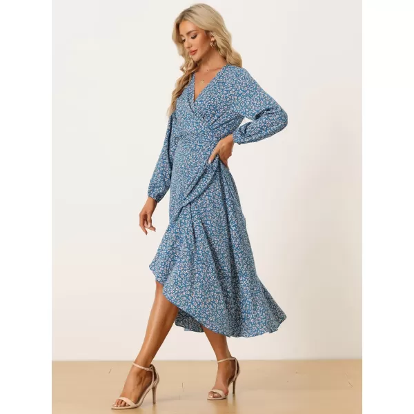 Allegra K Women's Long Sleeve Midi Dress Tie Waist Vintage Floral Print Wrap Boho Flowy Long Dresses