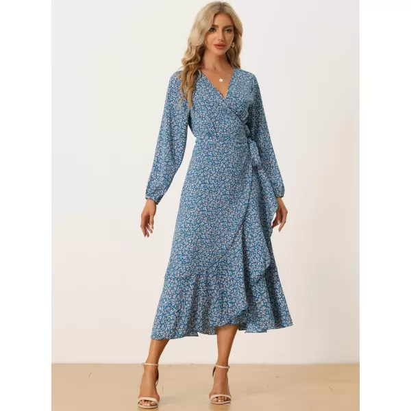 Allegra K Women's Long Sleeve Midi Dress Tie Waist Vintage Floral Print Wrap Boho Flowy Long Dresses