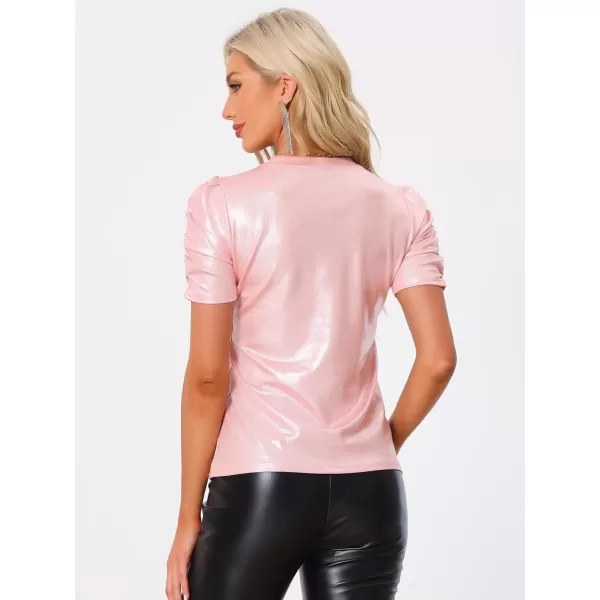 Allegra K Women's Metallic Glitter Top Party Round Neck Puff Sleeve Stretch Shiny Sparkly Tops