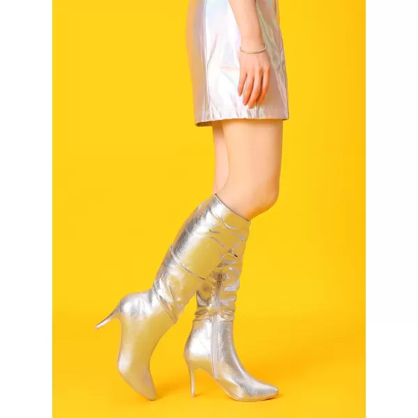 Allegra K Women's Metallic Pointed Toe Slouch Stiletto Heels Knee High Boots