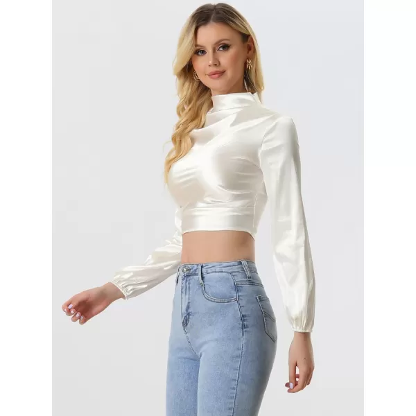 Allegra K Women's Mock Neck Long Sleeve Blouse Ruched Satin Crop Top