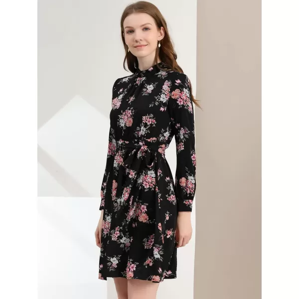 Allegra K Women's Mock Neck Swing Knee Length Long Sleeve A-line Floral Dress