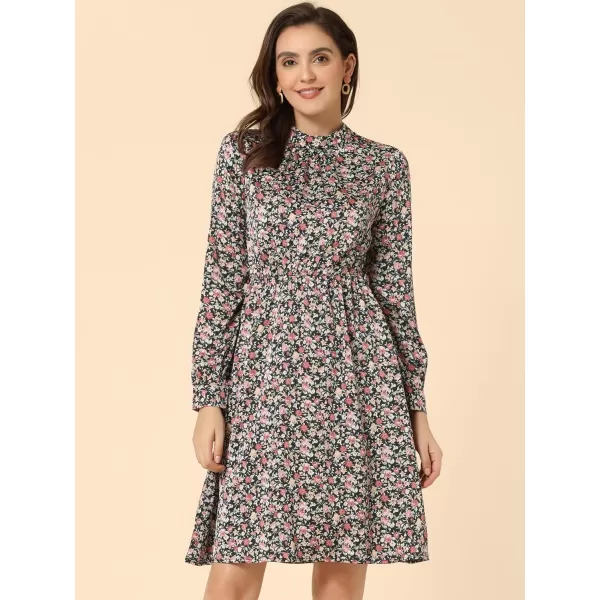 Allegra K Women's Mock Neck Swing Knee Length Long Sleeve A-line Floral Dress