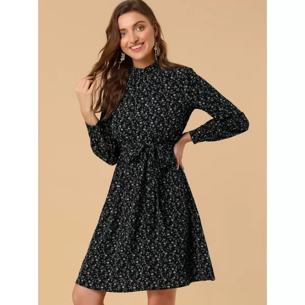 Allegra K Women's Mock Neck Swing Knee Length Long Sleeve A-line Floral Dress