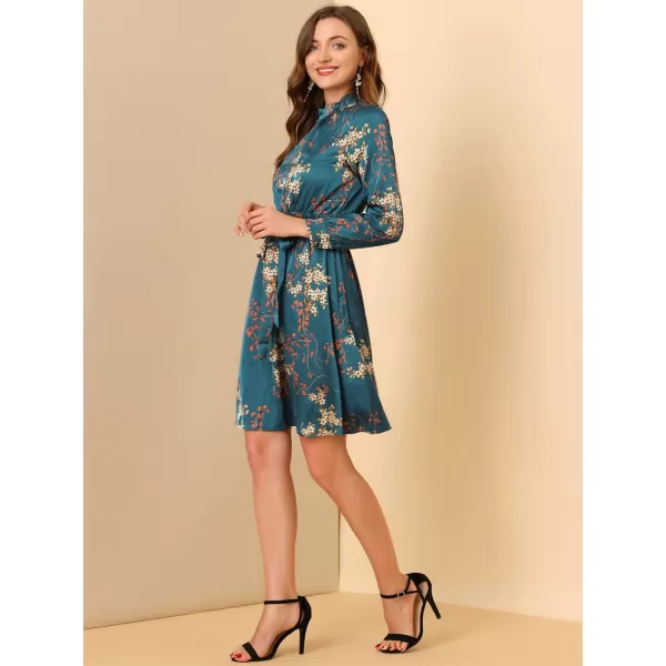 Allegra K Women's Mock Neck Swing Knee Length Long Sleeve A-line Floral Dress