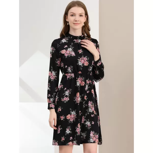 Allegra K Women's Mock Neck Swing Knee Length Long Sleeve A-line Floral Dress