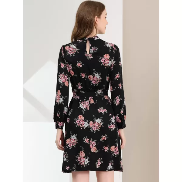 Allegra K Women's Mock Neck Swing Knee Length Long Sleeve A-line Floral Dress