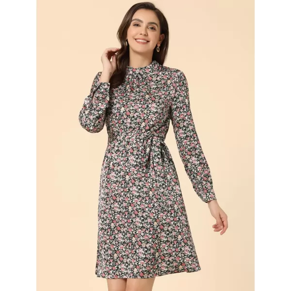 Allegra K Women's Mock Neck Swing Knee Length Long Sleeve A-line Floral Dress