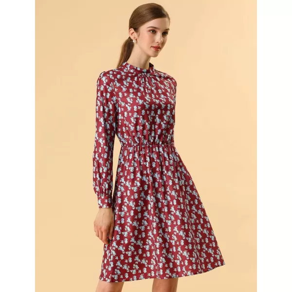 Allegra K Women's Mock Neck Swing Knee Length Long Sleeve A-line Floral Dress