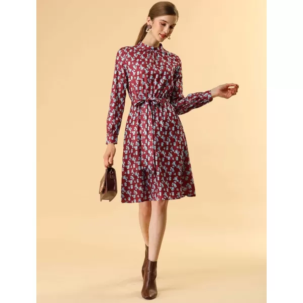 Allegra K Women's Mock Neck Swing Knee Length Long Sleeve A-line Floral Dress