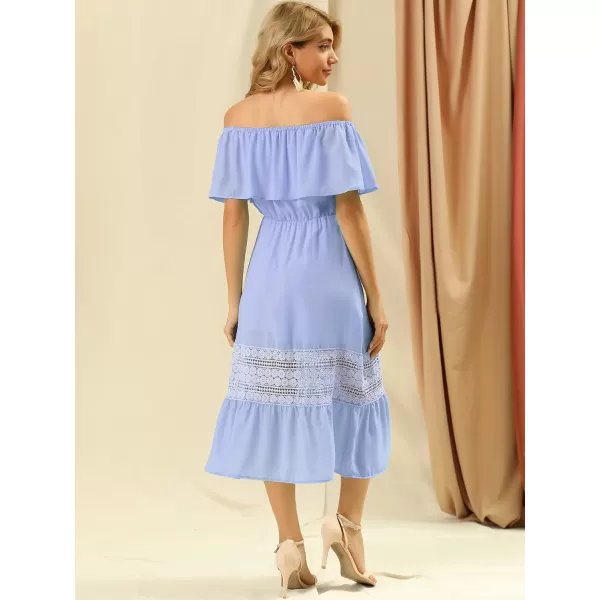 Allegra K Women's Off The Shoulder Ruffle Sleeve Lace Insert Beach Chiffon Midi Dress