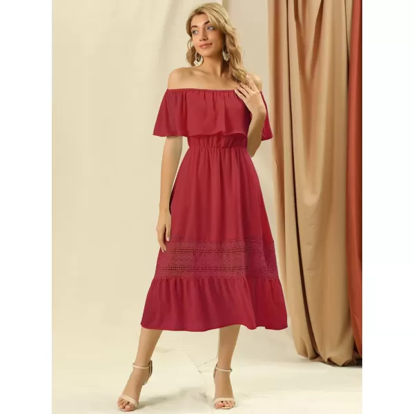 Allegra K Women's Off The Shoulder Ruffle Sleeve Lace Insert Beach Chiffon Midi Dress
