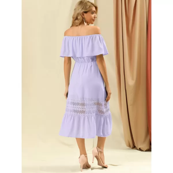 Allegra K Women's Off The Shoulder Ruffle Sleeve Lace Insert Beach Chiffon Midi Dress