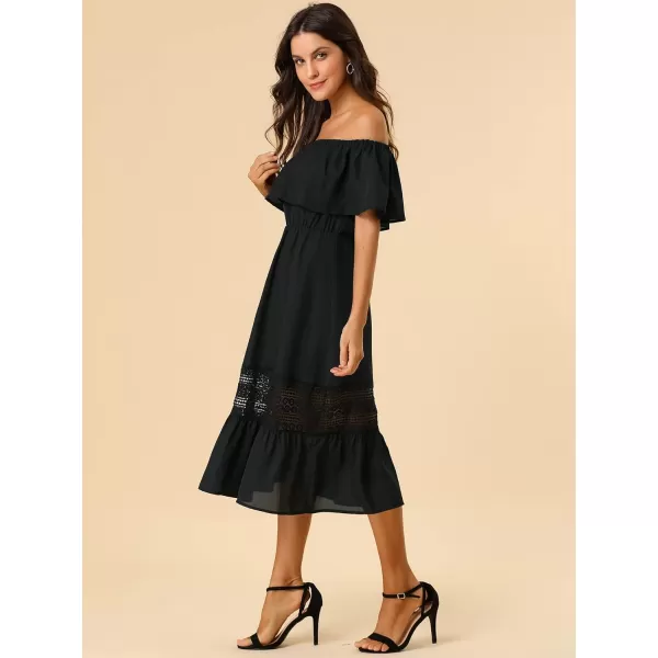 Allegra K Women's Off The Shoulder Ruffle Sleeve Lace Insert Beach Chiffon Midi Dress