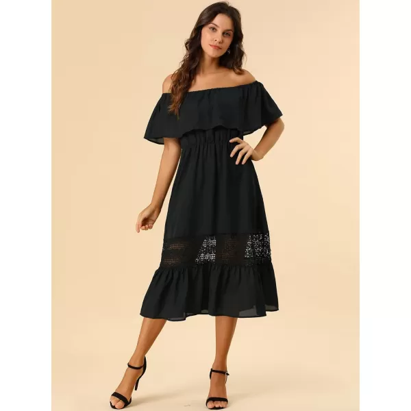 Allegra K Women's Off The Shoulder Ruffle Sleeve Lace Insert Beach Chiffon Midi Dress