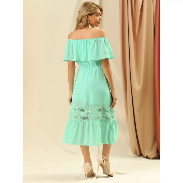 Allegra K Women's Off The Shoulder Ruffle Sleeve Lace Insert Beach Chiffon Midi Dress