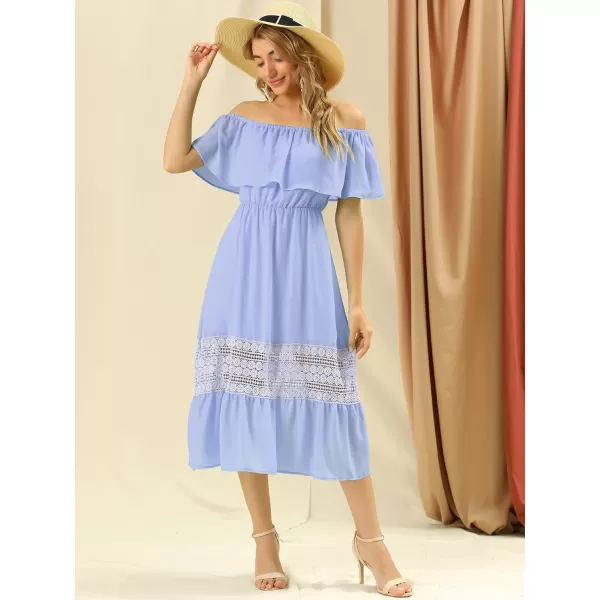 Allegra K Women's Off The Shoulder Ruffle Sleeve Lace Insert Beach Chiffon Midi Dress