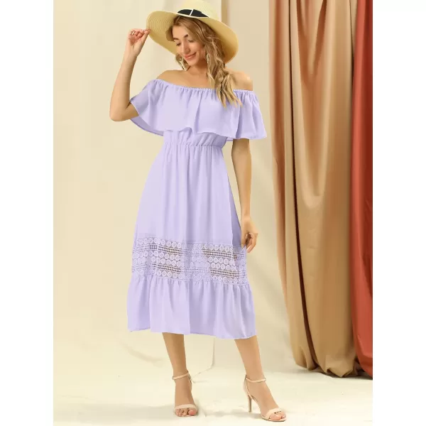 Allegra K Women's Off The Shoulder Ruffle Sleeve Lace Insert Beach Chiffon Midi Dress