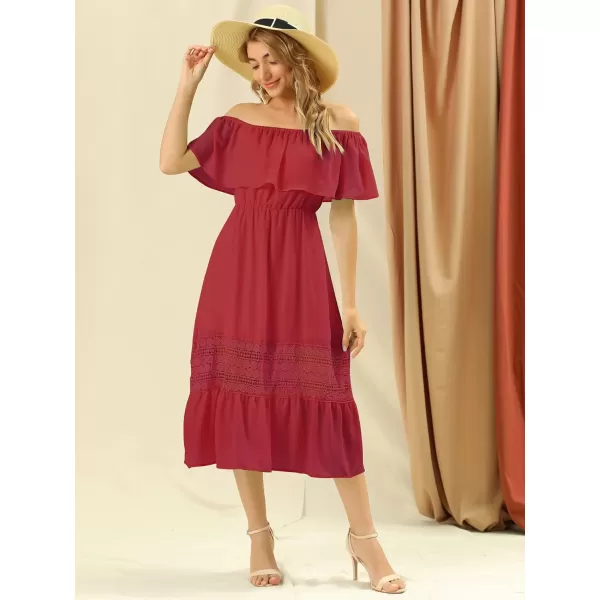 Allegra K Women's Off The Shoulder Ruffle Sleeve Lace Insert Beach Chiffon Midi Dress
