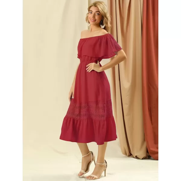 Allegra K Women's Off The Shoulder Ruffle Sleeve Lace Insert Beach Chiffon Midi Dress